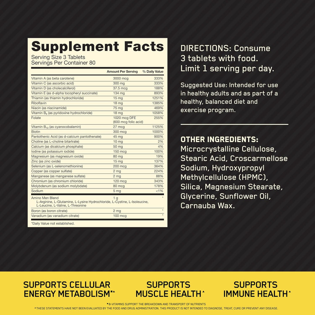 Optimum Nutrition Opti-Men, Vitamin C, Zinc and Vitamin D, E, B12 for Immune Support Mens Daily Multivitamin Supplement, 240 Count (Packaging May Vary)